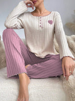 Women Autumn Winter Sleepwear Casual Long Sleeve Heart Printd Tops and Long Trousers Pajamas Set Homewear Loungewear