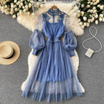 2 Pcs/Set Women Dress Suit Floral Embroidery See-through Lace Lantern Sleeves Pleated A-line Elastic Waist Dress Slip Dress Suit