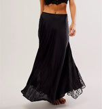 Solid Women Long Skirts Summer Elegant Low Waist Lace Satin Patchwork Skirts with Lace Flower Vintage Skirts Ball Gown Skirts