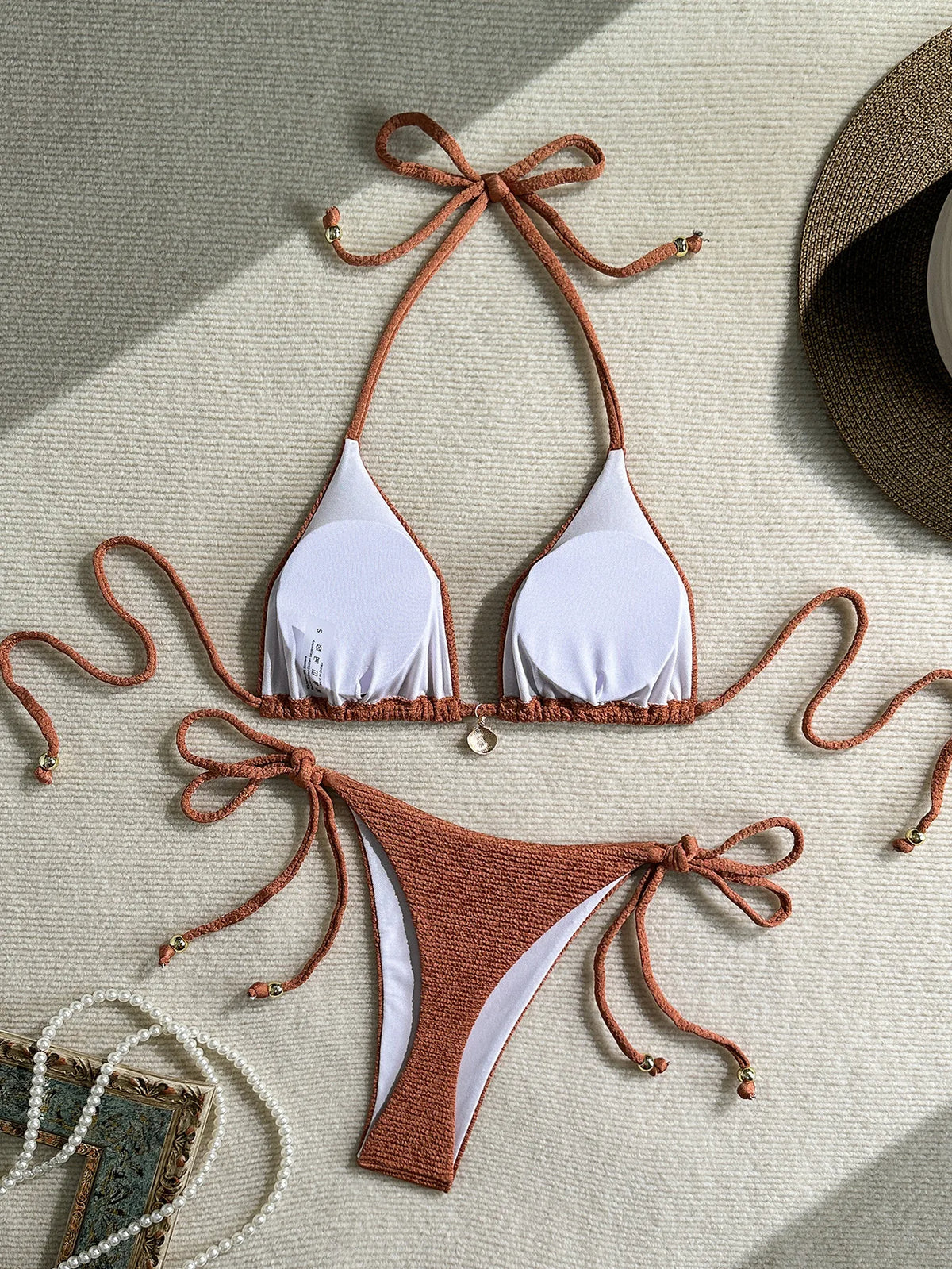 Sexy Pink White Bikini Set 2026 Women Shell Ornament Push Up Tie Side Thong Swimsuit Summer Bathing Suit Holiday Micro Swimwear