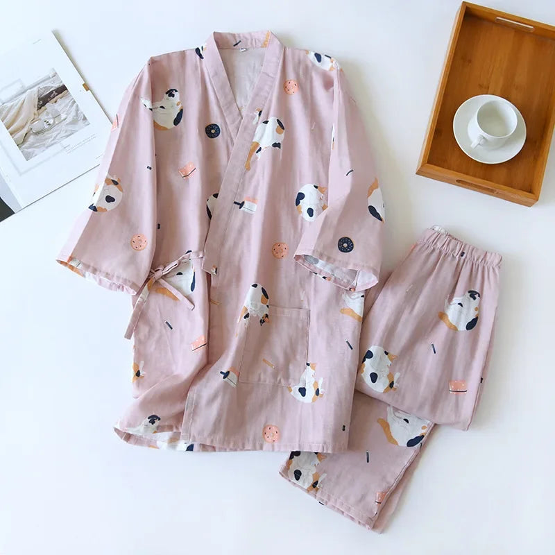 New Japanese-style Kimono Two-piece Couple Pajamas Cover Men and Women Pure Cotton Gauze Cute Kitten Thin Home Service Plus Size
