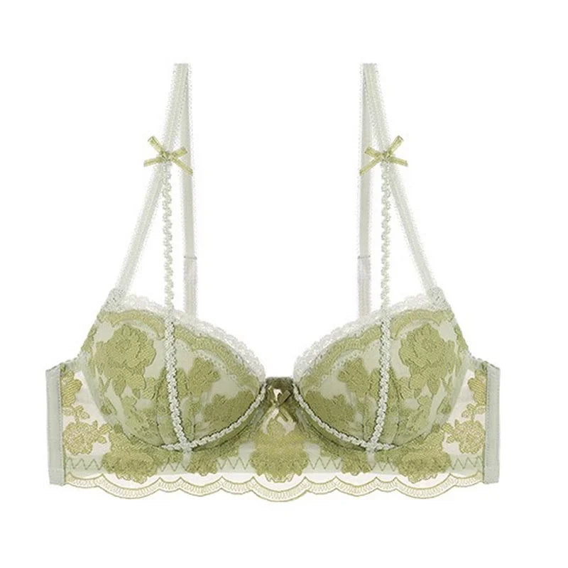 Antique French Lace Underwire Bra | Retro Petite Deep V Plunge Set | Summer Non-Padded Lingerie | Sexy Bridal Push Up Effect