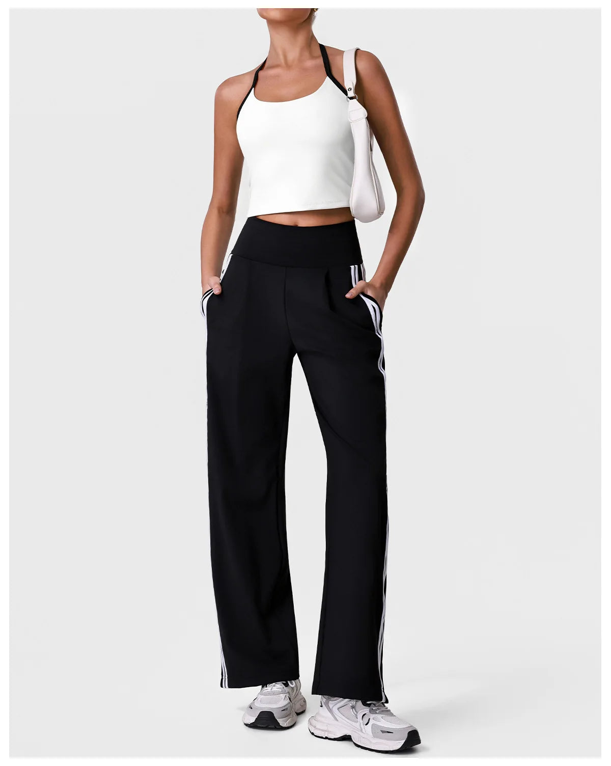 New Contrasting Striped Yoga Sets Women Hanging Neck Slim Sports Vest Gym Outfits High Waist Pocket Pants Running Fitness Suits