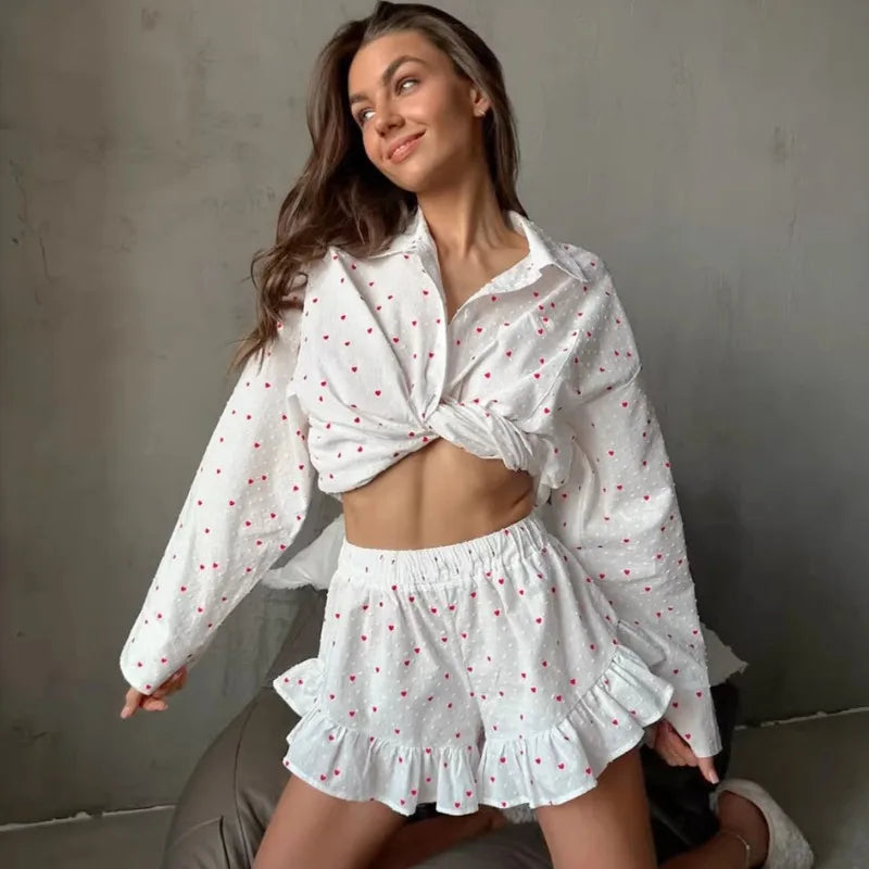 Women's Heart Print 2 Piece Lounge Wear Outfits Sleeve Lapel Neck Button Down Tops and Elastic Waist Shorts Pajamas 2026 New