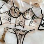 Sexy Lace Flowers Embroidery Lingerie Set Summer Ultra Thin Breathable Bra and Thong Sets Women Wide Version Romantic Underwear