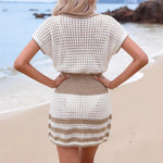 S - XL Splicing Short Sleeve V Neck Crochet Knitted Beach Cover Up Beach Wear Beachwear Female Women Cover-ups Beach Dress K8040