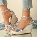 EUR Size 43 Leisure Espadrille Wedge Sandals Women Summer Chunky High Heels Shoes Silver White Platform Ankle Strap Sandals