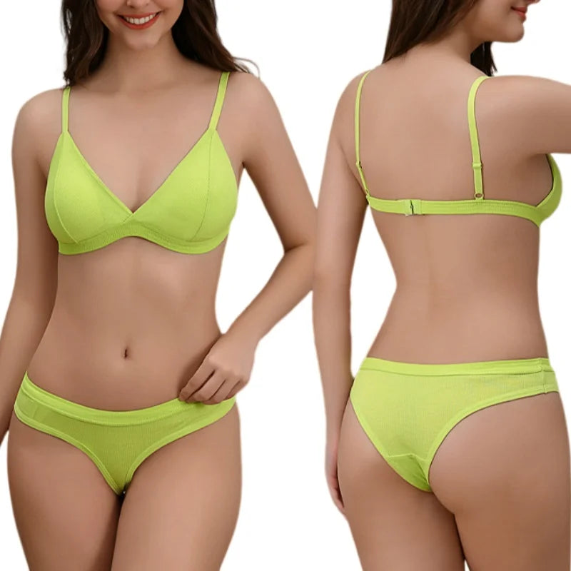 Women Cotton Bra and Panties Set Wireless Push-Up Bra Low-Waist Thongs G-string Sexy Lingerie Women's Breathable Underwear Set