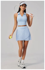 Women's Tracksuit Yoga Set 2 Pieces High Waist Pleate Pocket Skort Fitness Suit Turn Down Collar V Neck Slim Tank Top Sporstwear