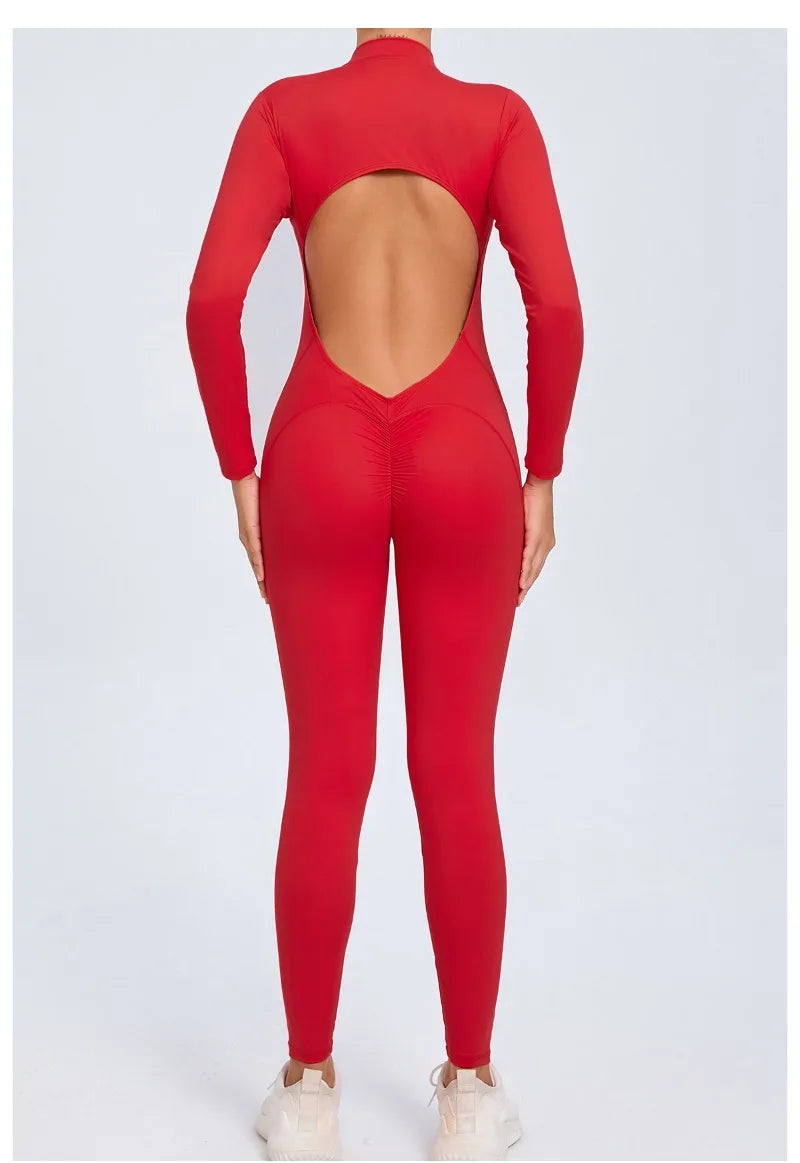 Women's Seamless Yoga Bodysuit Long Sleeve Zipper & Back Cutout Naked Feeling Quick-Dry Running Fitness Workout Jumpsuit