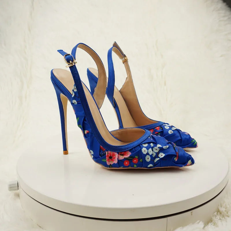 NoEnName_Null-Blue satin women's high heel sandals, dance, flowers, Silk patterned high-heeled shoes 12cmBanquet shoes