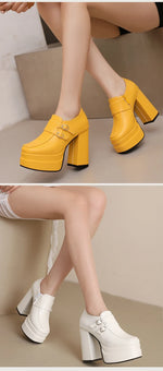 Plus Size Double Row Small Buckle Side Zipper Square Toe Double Layer Platform High Thick Heel Women's Pumps Shallow High Heels