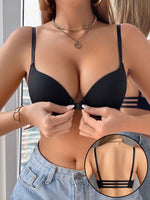 Solid Ribbed Women Bra Front Closure Padded Push Up Brassiere Breathable Back Daily Underwire Bra