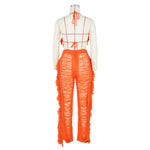 DEKAWomen Tassel Pants Knitted Bra Top Bikini Set Swimsuit Handemade Crochet Bikini Cover Up Tassel Beach Long Wrap Pant