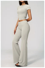 Creamy 2 Pieces Workout Suit Women Yoga Outfits Short Sleeve O Neck Slim Sports T Shirts High Waist Flare Pants Gym Fitness Sets
