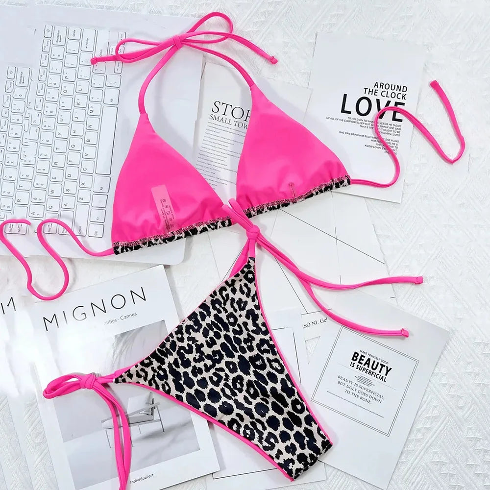 Pink Leopard Print Swimwear String Halter Triangle Bikini Set Micro Thong Sexy Swimsuit Women 2026 Bating Suit Bikinis De Mujer