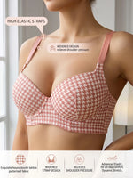 Women's Plaid Push-Up Bra Wide Straps Seamless Smoothing Underwear Underwire Side Support Adjustable Bra for Daily Wear