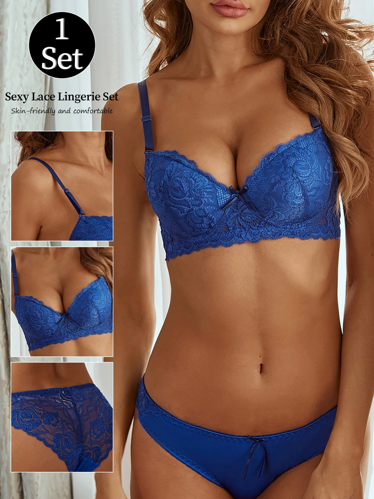 Sexy Hot Bra for Women 3/4 Cup Lace SetBlue Brassiere SetWomen Underwear Set A2155