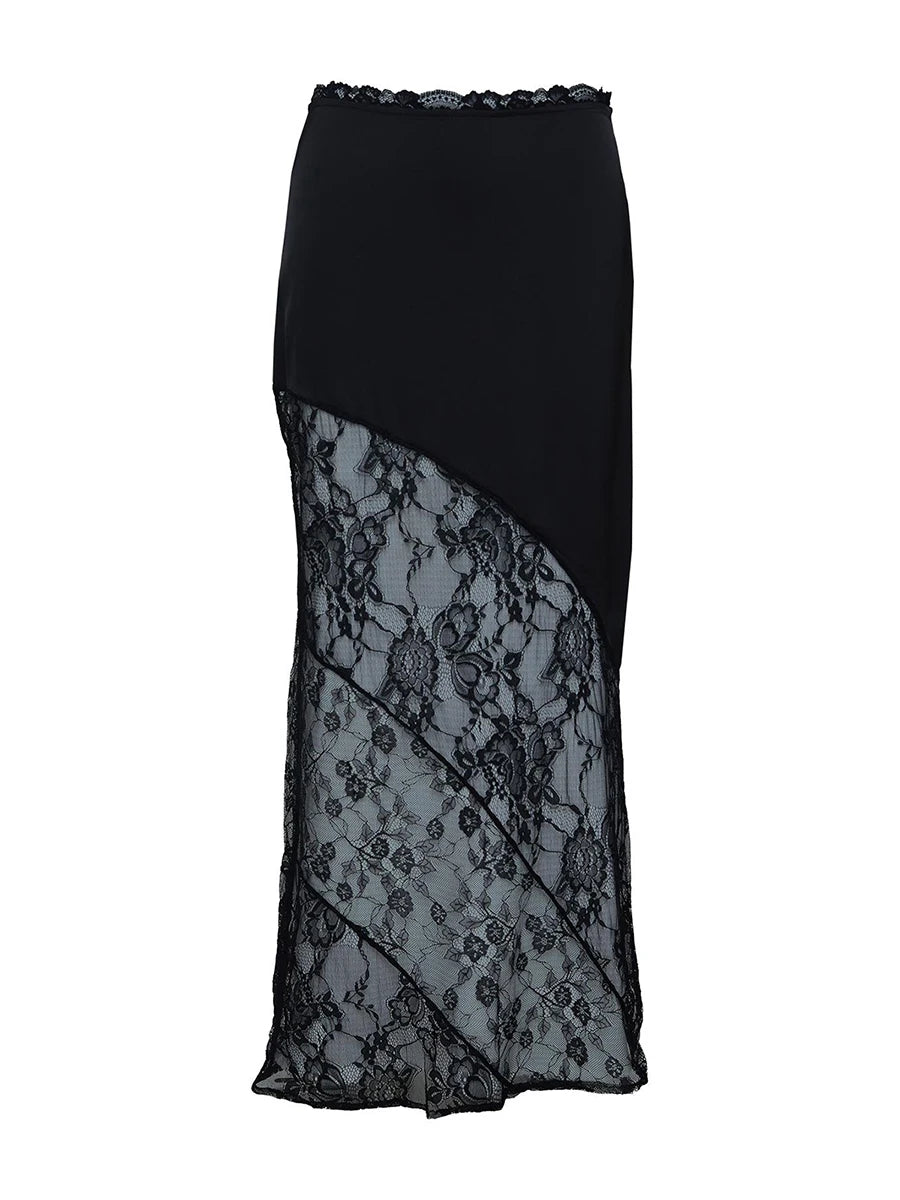 Women's Summer Satin Lace Patchwork Long Skirts Mid Waist Solid Color Fashion Elegant Asymmetric Skirts