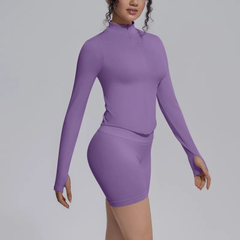 Women's Seamless Yoga Sets Sports Fitness Gym Zipper Long-Sleeve Jacket Hip Lift High-Waist Shorts Suits Workout Training Sets