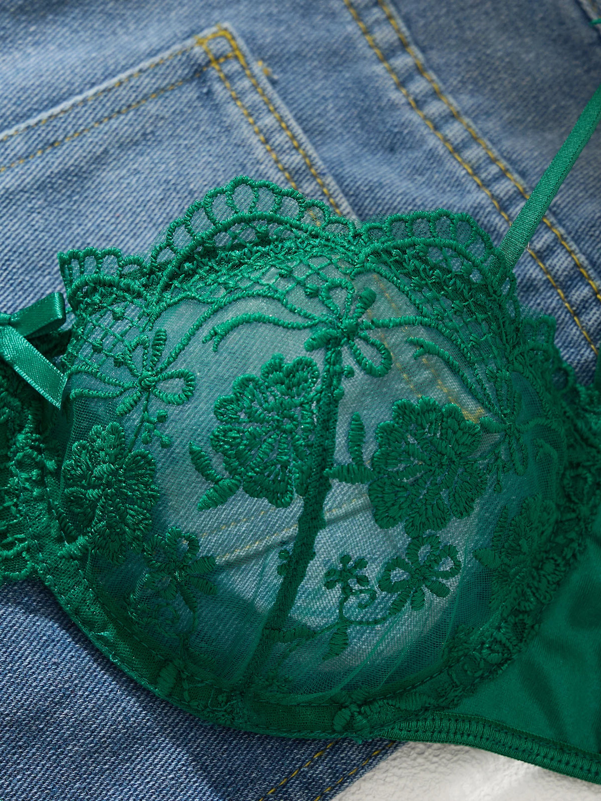 Lady Floral Embroidery Lingerie Set Women Sheer Bra and Brief Underwear Set Satin Sexy Intimates Underwear