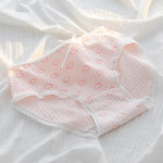 1 Pack Kawaii Rabbit Heart Print Briefs with Ruffles Trim Women's Mid-Rise Cotton Panties Soft Ribbed Underwear Lingerie M-XL