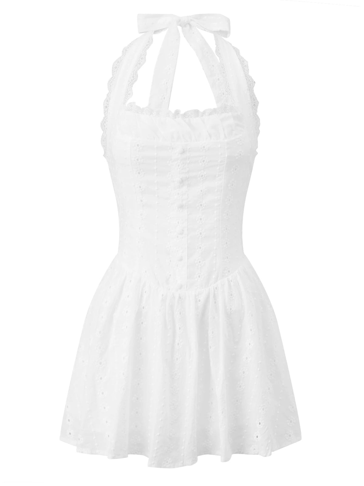 Women's Summer Solid Color Halter Neck Mini Dress Lace Trim Neckline Eyelet Embroidery Backless Tie-Back Slim Party Dresses
