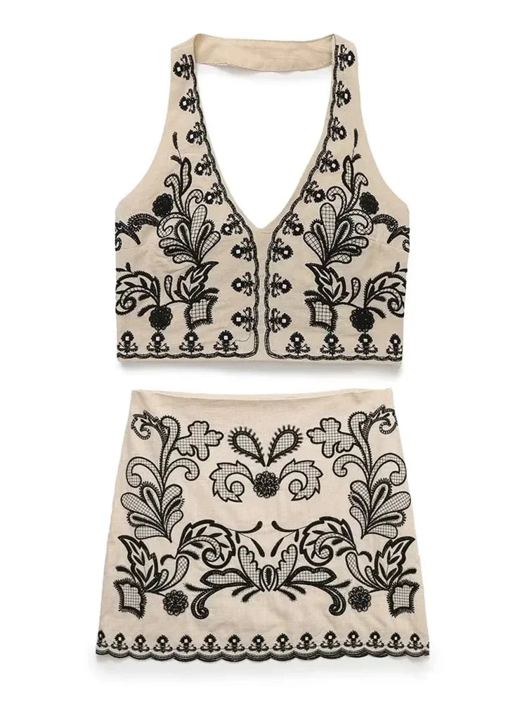 Foridol Floral Embroidery Summer Women Set Crop Top+mini Skirt Matching Set Casual Chic Halter Dress Set 2 Pcs Outfits Beach