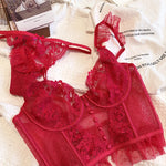 Women's French Lace Lingerie Set Sexy Ultra Thin See Through Bra & Thong Shaping Camisole Embroidery Underwear Set Hot Tushy P P