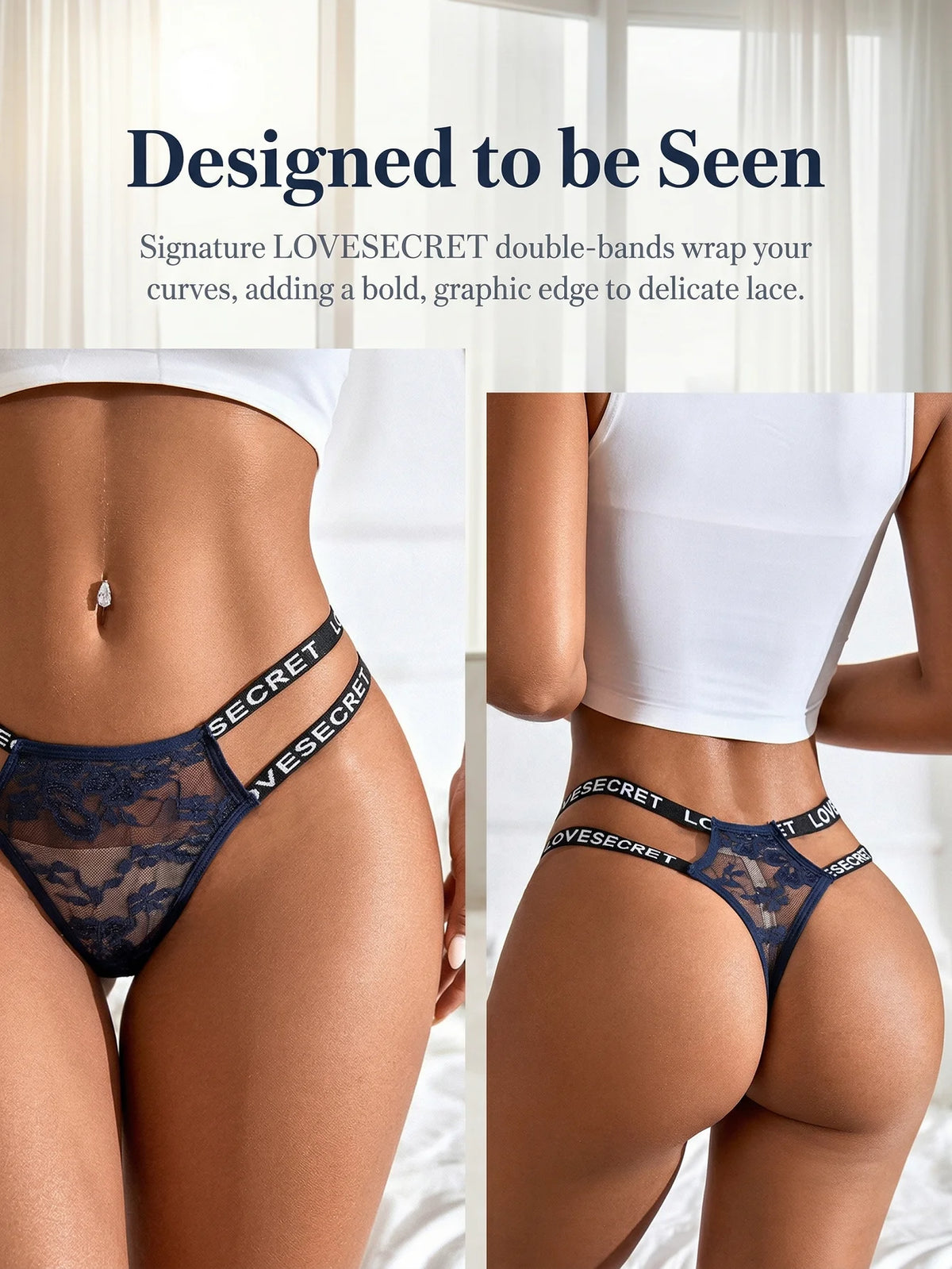 Low-Rise Letter Lace Thong Sexy-Style Blue Floral Embroidery Underwear Breathable Thong C856