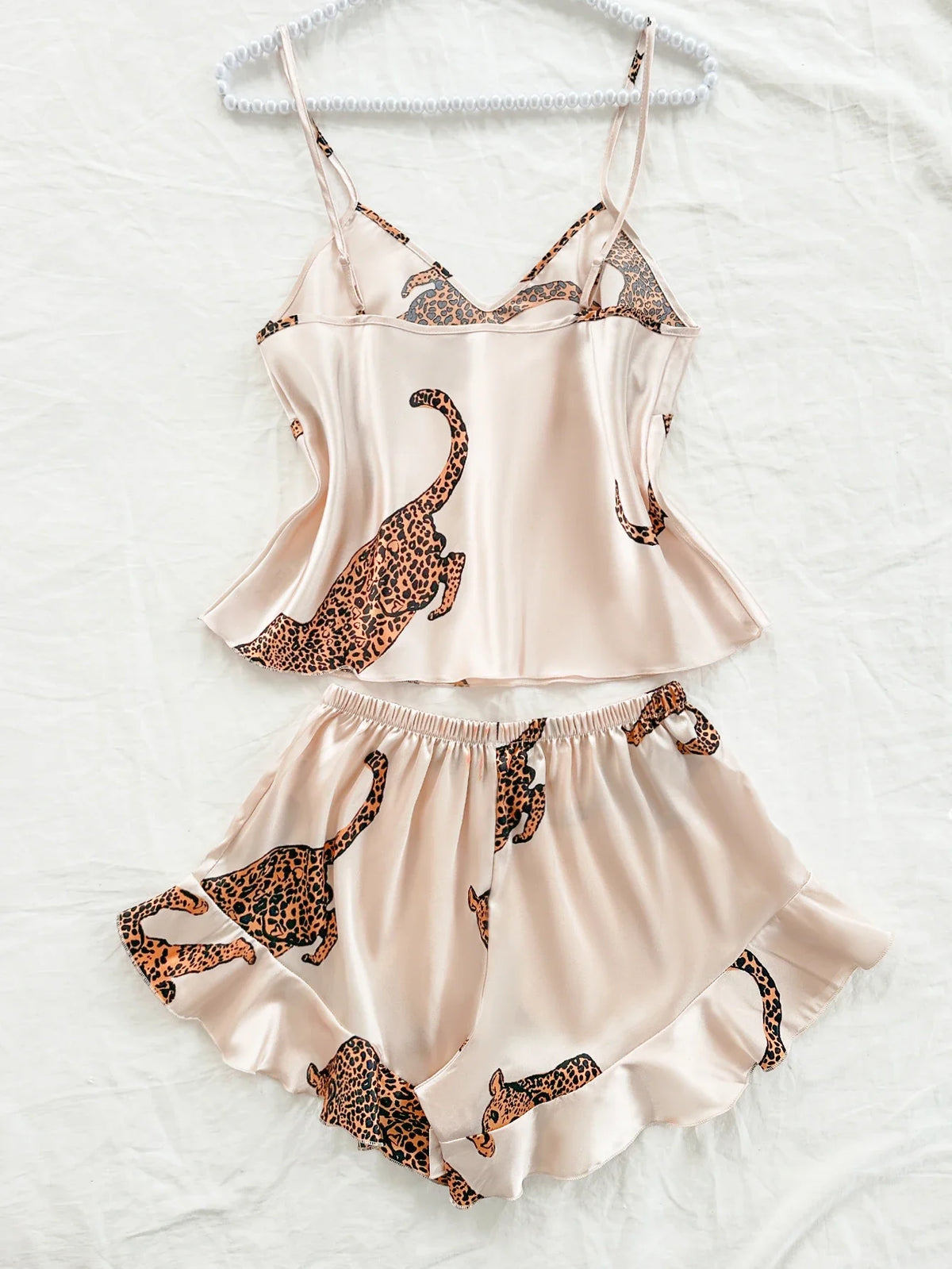 Summer 2-pieces Pink Leopard Printed Pajamas Set for Women Sexy Ice Silk Stain Sleepwear Casual Crop Tops and Shorts Lounge
