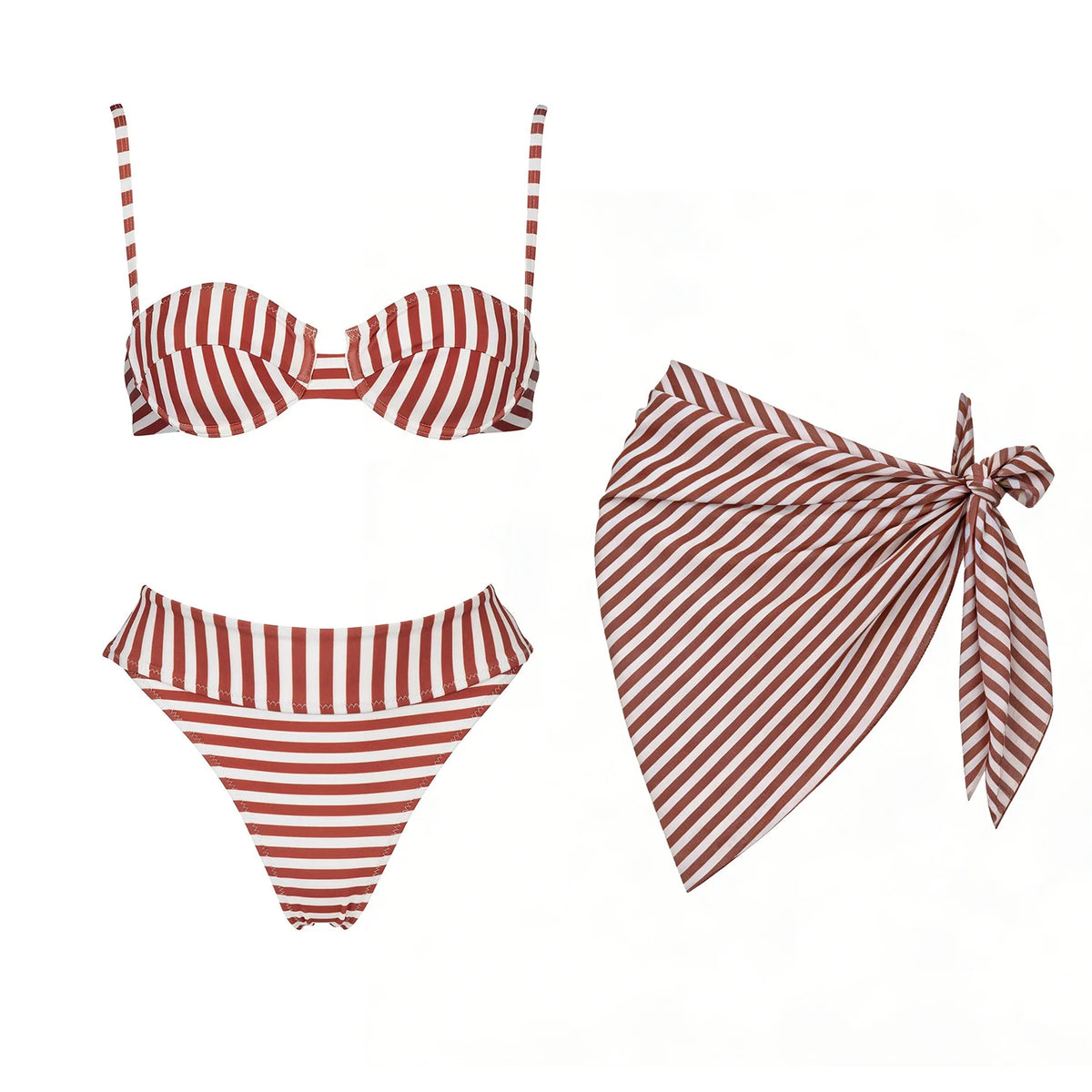 Striped 3Pcs Bandeau Biquini 2026 Women Sexy Swimsuit Push Up Swimwear Female Swimming Suits Low Waisted Bathingsuit Beachwear
