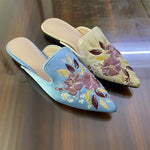 2026 Big Size 43 Summer Women's Blue Mules Slipper Sandals with Silk Flowers Embroidery Comfy Walking Slide Flat Satin Shoes