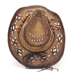 Women Cowboy Hat Creative Curled Straw Hollow Design Ethnic Style Beads Chain Decoration Shade Straw Hat Summer Sun Cap