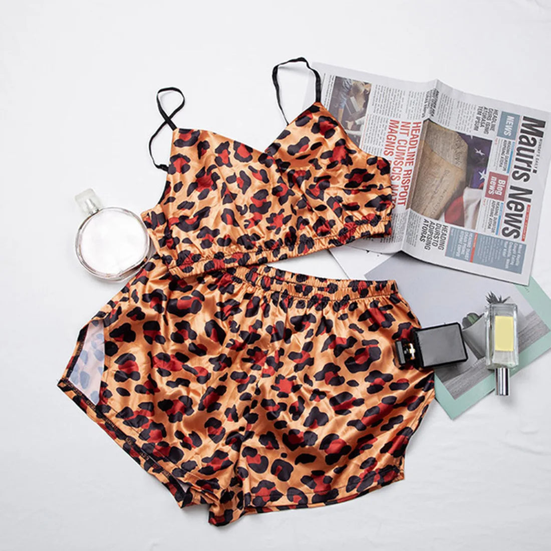 Women's Printed Satin Camisole & Lace Trim Shorts Set – Sexy Loungewear | European & American Bestseller