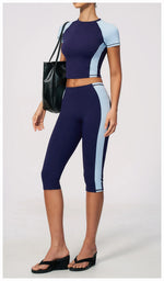 Color Blocking 2PCS Yoga Set Women's Tracksuit Short Sleeve O Neck Sports T Shirts High Waist Cropped Pants Tight Fitness Suits