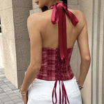 Phantasy Retro Red Plaid Halter Tank Top Women Sexy V neck Backless Crop Top European Style Lace up Camisole 2026 Summer Clothes