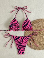 Women's Bikini Set, Two-Piece Sexy Swimsuit, Rose Red and Black Zebra Print, Side Tie Briefs, Lace-Up Triangle Bag