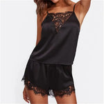 2PCS Sexy Pajama Set Women Sexy Lace Patchwork Satin Silk Suspender Top Hot Shorts Sleepwear Women Nightgown Female Sleepwear