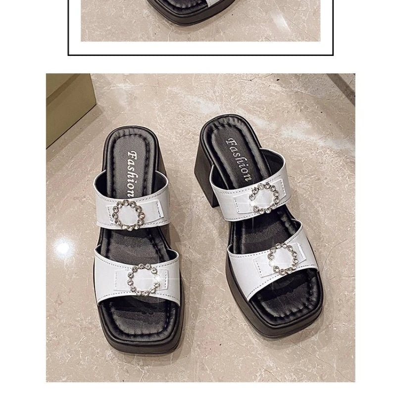 Summer Elegant Women High Heeled Slippers 2026 New Thick Heel Shoes Simple Fashion Waterproof Platform Soft Leather Sandals