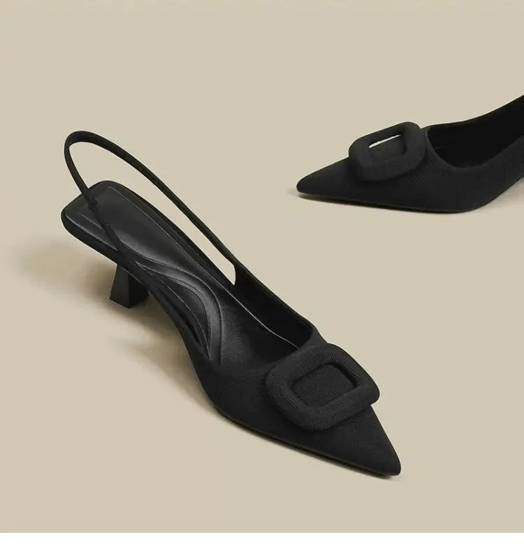 Brand Woman Slingback Shoes FashionSpring New Ladies High Heels Elegant Med Heel Pointed Toe Slip on Sandal Mules
