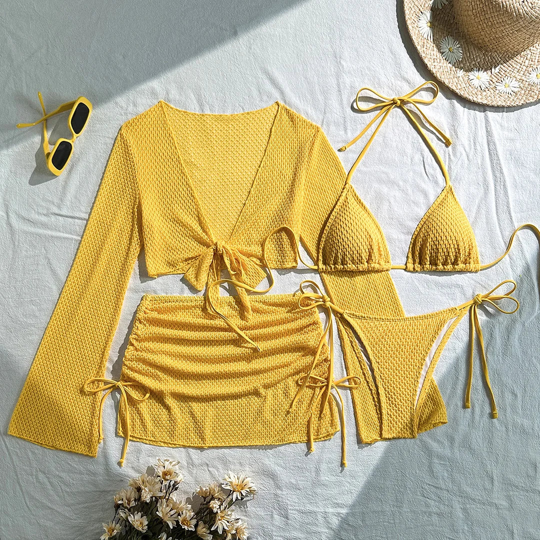 9 Colors New Long Sleeve With Skirt Bikini Female Swimsuit Women Swimwear Four-pieces Bikini set Bather Bathing Suit Swim V6358P