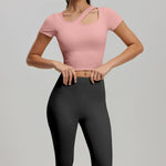 2 Pieces Women Tracksuit Yoga Set Spring Summer Short Sleeve Hollow Out Slim Sports Top High Waist Leggings Running Fitness Suit