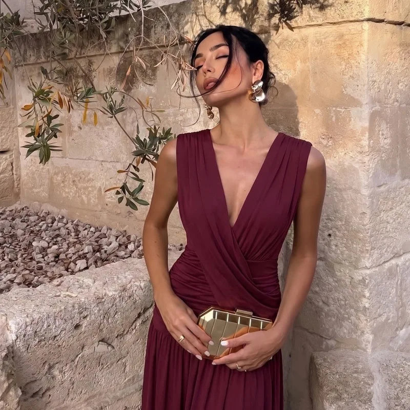 FDYOUI Womens Chic V-neck Sleeveless Pleated Long Maxi Holiday Dress Ladies Summer High Waist Tunics Solid Evening Party Dresses