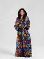 Winter Hooded Flannel Bath RobeCouples Loose Fit Animal Fruit Multi Print Long Loungewear Robe with Belt Double Side Pockets