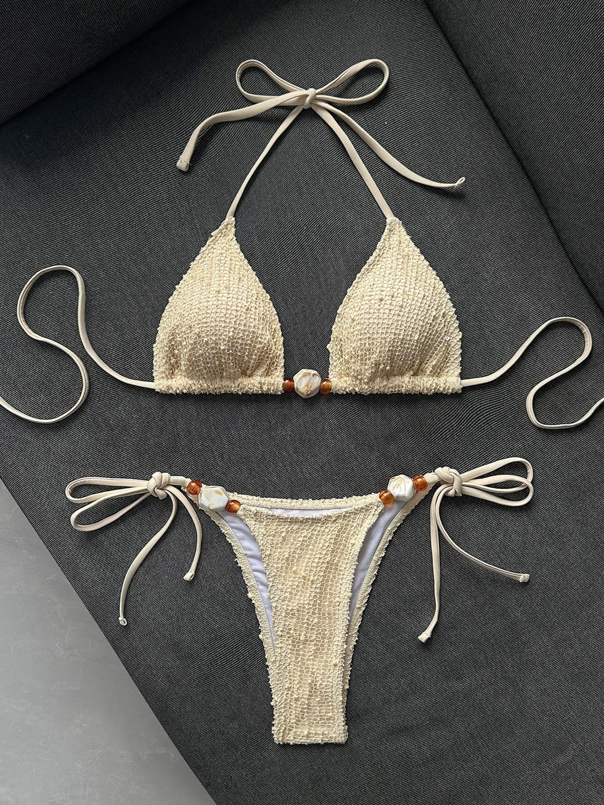 DEKA Sexy Micro Triangle Bikini Set Beige Shell Push Up Bra Women Lace-up Stone Swimsuit Bathing Suit Holiday Swimwear Biquini