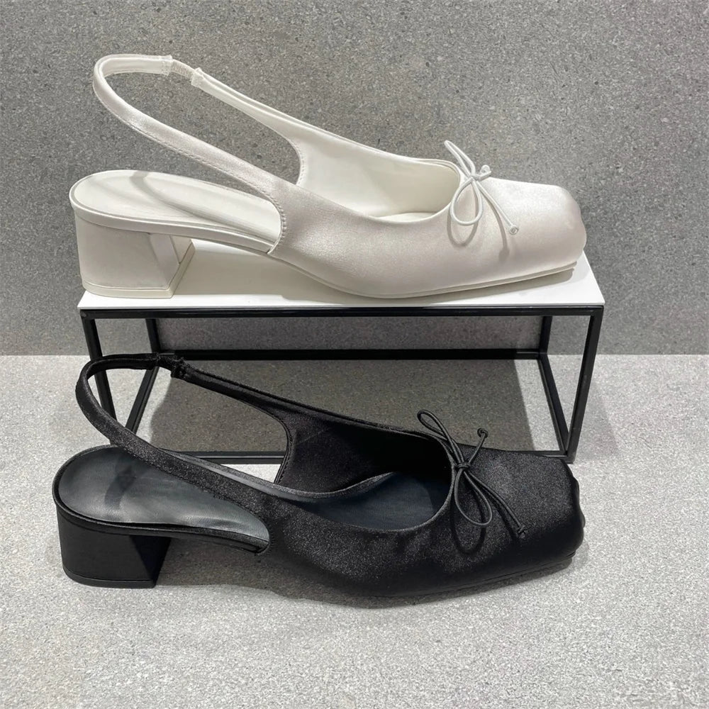 Big Size 43 Satin Mini Bow Slingback Block Heel Sandals Women Square Toe Elastic Strap Sweet Satin Mary Jane Shoes