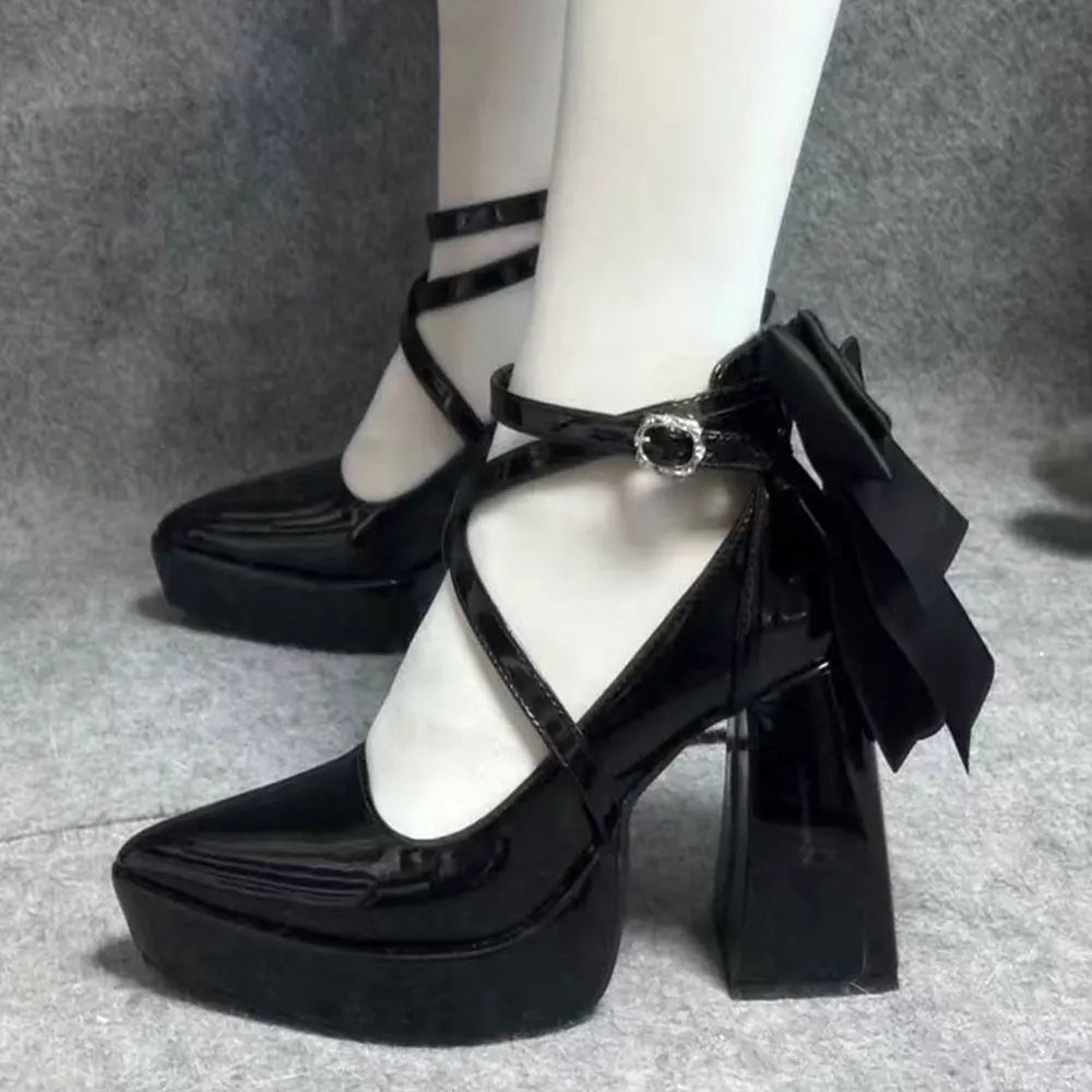 Big Size 42 Black Gothic Cross-strap High Heels Pumps Lolita Bow Tie Chunky Heels Platform Heeled Mary Jane Goth Shoes Women