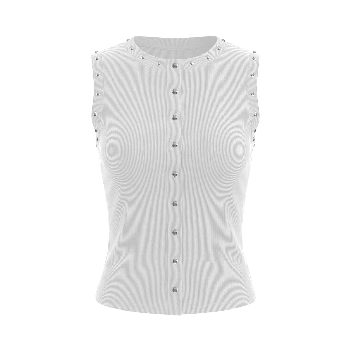 Summer Women's Studded Tank Tops Casual Stylish Button Down Crew Neck Slim Fit Sleeveless Vest Ribbed Gothic Punk Street