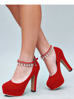 2026 Big Size 33-43 Classic Black Office Lady Beading Ankle Strap Platform Pumps Elegant Red 12cm Party High Heels Shoes Women